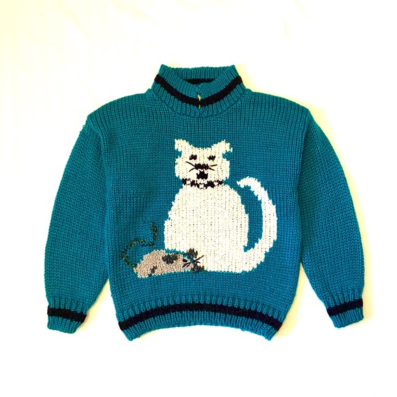 Vintage Sweaters - Vintage | Cat and Mouse Hand Knit Chunky Sweater